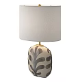 Ceramic Table Lamp With Gray Leaf Pattern Beige Lampshade And Golden Stem Design 3d model