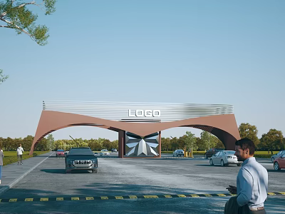 Modern Arched Entrance Gate With Top LOGO And Surrounding Vehicles Pedestrians 3d model
