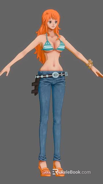 Anime Character With Orange Hair Blue Jeans Belt With Badge Bracelets And Outstretched Arms 3d model 