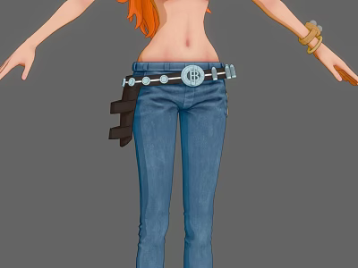Anime Character With Orange Hair Blue Jeans Belt With Badge Bracelets And Outstretched Arms 3d model