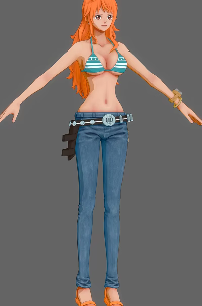 Anime Character With Orange Hair Blue Jeans Belt With Badge Bracelets And Outstretched Arms 3d model
