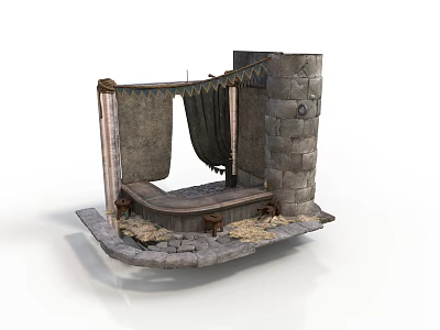 Medieval Stone Scene Structure With Stone Walls Platform Fabric Curtains And Stone Base 3d model