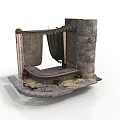 Medieval Stone Scene Structure With Stone Walls Platform Fabric Curtains And Stone Base