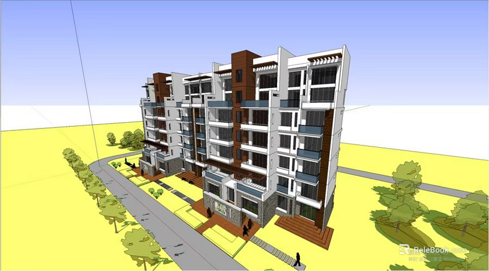 Modern Multi Story Residential Building Exterior With Road Trees And Pedestrians 3d model 