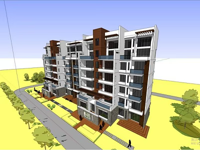 Modern Multi Story Residential Building Exterior With Road Trees And Pedestrians 3d model