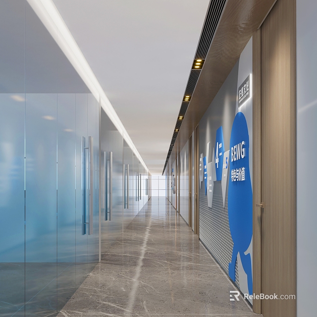 Modern Office Corridor With Glass Doors Wall Signs And Marble Floor Lighting 3d model 