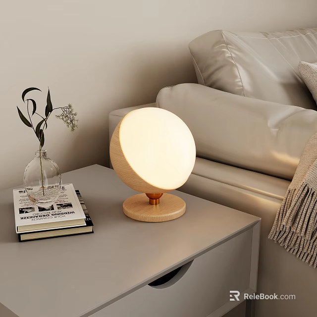 Modern Round Chandelier With Wooden Base In Living Room With White Sofa And Plants 3d model 