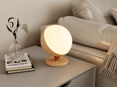Modern Round Chandelier With Wooden Base In Living Room With White Sofa And Plants 3d model