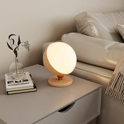 Modern Round Chandelier With Wooden Base In Living Room With White Sofa And Plants 3d model