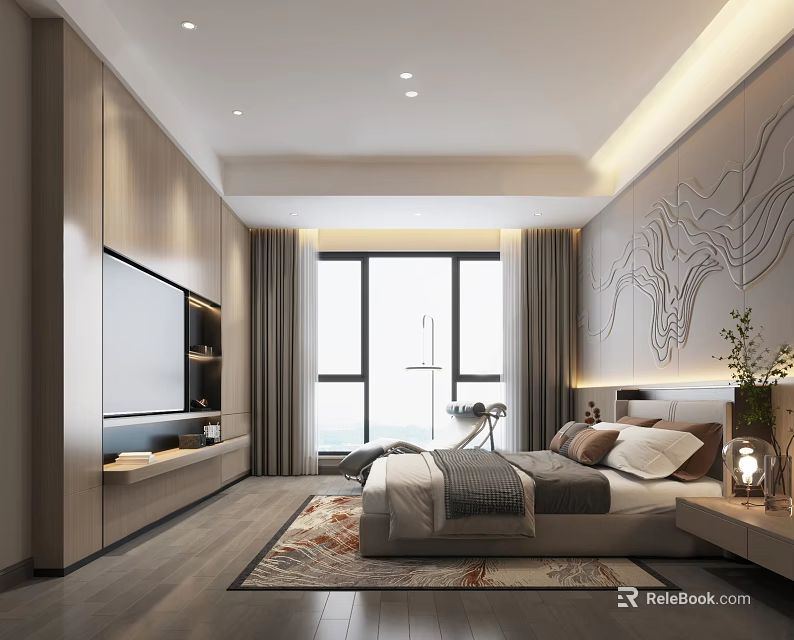 Modern Hotel Guest Room with Bed TV Large Window Curtains Area Rug and Decorative Wall 3d model 