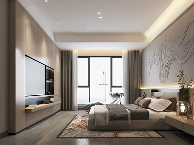 Modern Hotel Guest Room with Bed TV Large Window Curtains Area Rug and Decorative Wall 3d model