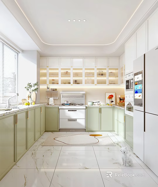 Modern Kitchen Interior Design With Light Green Cabinets Appliances And Natural Light 3d model 