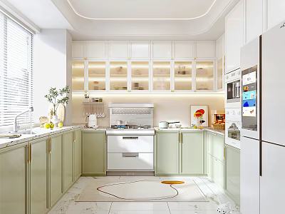 Modern Kitchen Interior Design With Light Green Cabinets Appliances And Natural Light 3d model