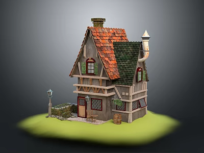 Charming Cottage Architecture With Red Tiled Roof Green Shutters Red Door And Street Lamp 3d model