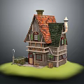Charming Cottage Architecture With Red Tiled Roof Green Shutters Red Door And Street Lamp