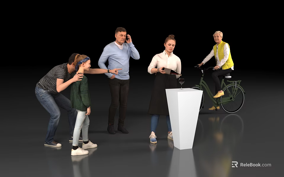 Group of People in Action with White Pedestal Riding Bicycle Using Tablet and Talking 3d model 