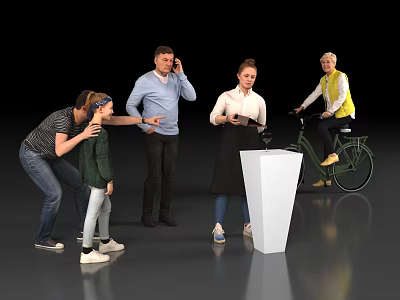 Group of People in Action with White Pedestal Riding Bicycle Using Tablet and Talking 3d model