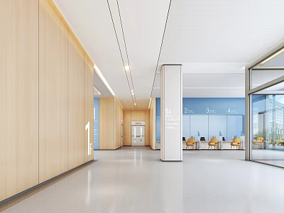 Modern Hospital Outpatient Corridor With Wooden Walls White Ceiling Signage Seats And Glass Door 3d model