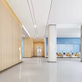 Modern Hospital Outpatient Corridor With Wooden Walls White Ceiling Signage Seats And Glass Door