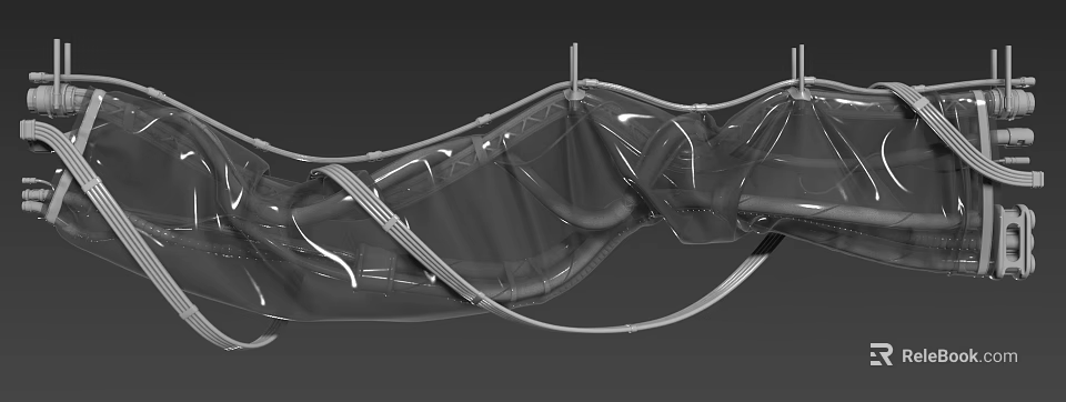 Detailed 3D Mechanical Structure Model With Transparent Material Pipes And Brackets 3d model 