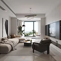 Elegant Modern Living Dining Room Interior Design With Sofa Coffee Table Abstract Painting And Chandelier
