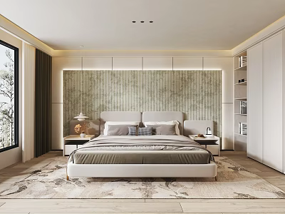 Modern Bedroom Interior With Large Bed Textured Green Accent Wall Nightstands And Area Rug 3d model