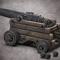 Vintage Metal Cannon With Wooden Carriage Wheels And Cannonballs On Gray Surface
