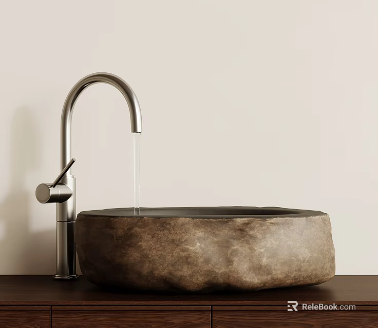 Natural Stone Washbasin With Silver Curved Faucet On Wooden Countertop Against Light Colored Wall 3d model 