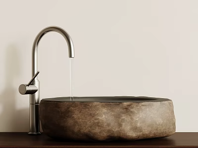 Natural Stone Washbasin With Silver Curved Faucet On Wooden Countertop Against Light Colored Wall 3d model