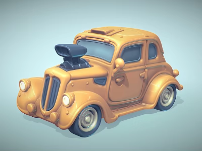 Orange Vintage Cartoon Style Car With Hood Scoop And Round Headlights 3d model