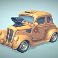 Orange Vintage Cartoon Style Car With Hood Scoop And Round Headlights