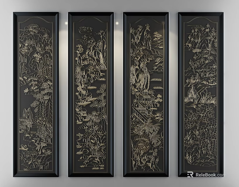 Vertical Decorative Panels With Black Frames And Golden Landscape Artwork 3d model