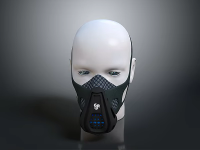 Black Mesh Design Face Mask on White Mannequin Head with Brand Logo and Blue Accents 3d model