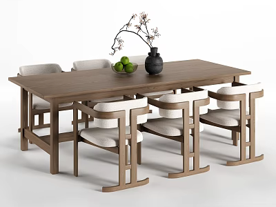 Modern Wooden Dining Table and Chairs Set with Vase Flowers and Green Fruits 3d model