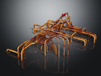 Complex Industrial Metal Pipes Interconnected Structure with Red Valves and Yellow Tubes 3d model