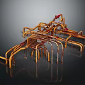 Complex Industrial Metal Pipes Interconnected Structure with Red Valves and Yellow Tubes