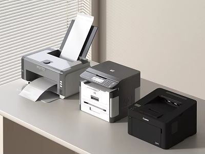 Office Appliances Including Three Different Printers With Multifunction Features And Paper Output On Desk 3d model