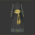 Long Sleeved Colorful Pattern Dress With Yellow Belt And Tassels Details