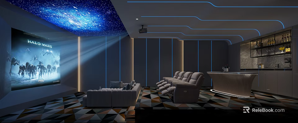 Home Theater Room With Starry Sky Ceiling Recliners And Sofa 3d model 