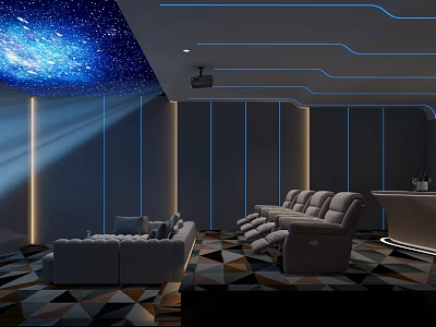 Home Theater Room With Starry Sky Ceiling Recliners And Sofa 3d model