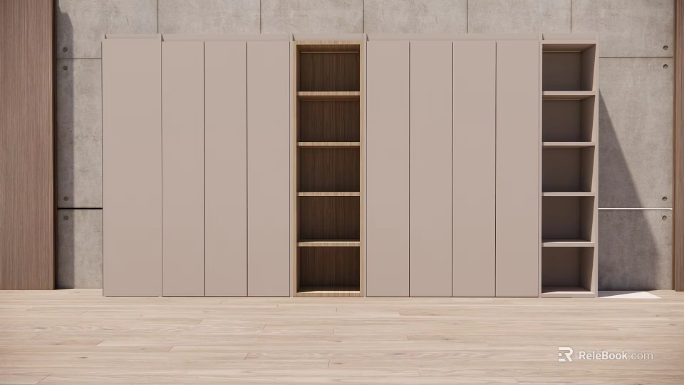 Modern Wardrobe Interior Design With Panel Doors And Open Wooden Shelves 3d model 