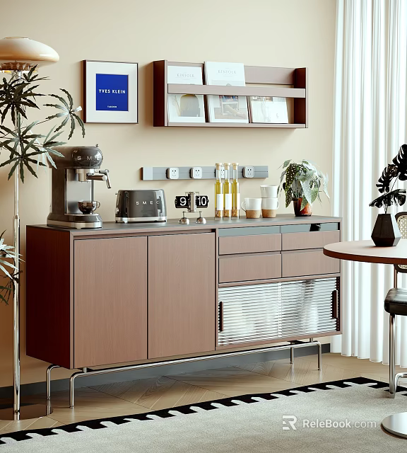 Sleek Modern Sideboard With Coffee Machine Toaster Bottles Cups And Green Plants 3d model 