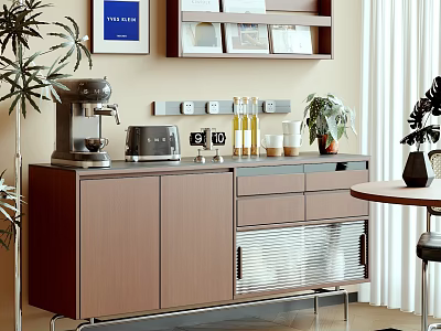 Sleek Modern Sideboard With Coffee Machine Toaster Bottles Cups And Green Plants 3d model
