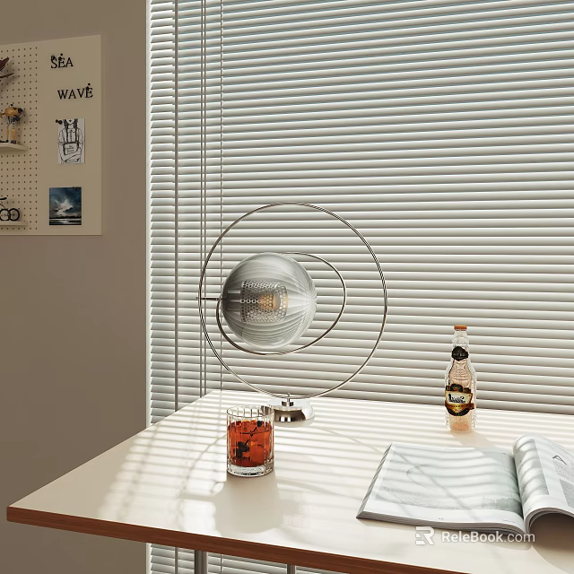 Modern Spherical Table Lamp With Metal Stand On White Desk By Window Blinds And Reading Book 3d model 