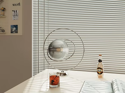 Modern Spherical Table Lamp With Metal Stand On White Desk By Window Blinds And Reading Book 3d model