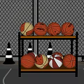 Organized Sports Equipment Collection With Basketballs And Cones On Metal Shelf