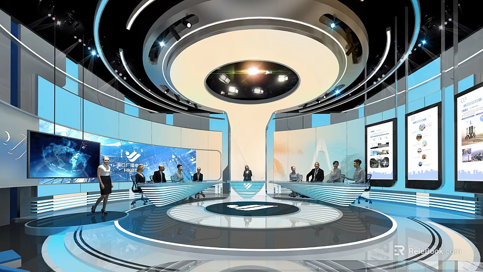 Modern Exhibition Hall With Circular Platform Large Screens Lighting Design And Visitors 3d model 