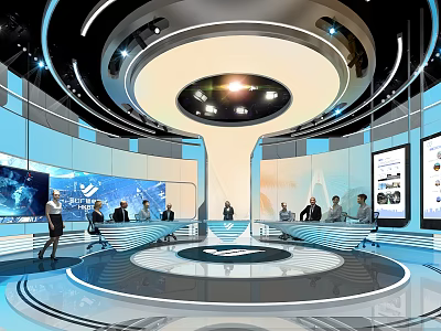 Modern Exhibition Hall With Circular Platform Large Screens Lighting Design And Visitors 3d model