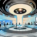 Modern Exhibition Hall With Circular Platform Large Screens Lighting Design And Visitors