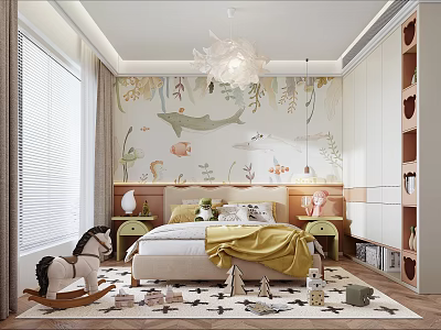 Children's Bedroom Interior Design With Sea Creature Wallpaper Yellow Blanket Rocking Horse And Area Rug 3d model